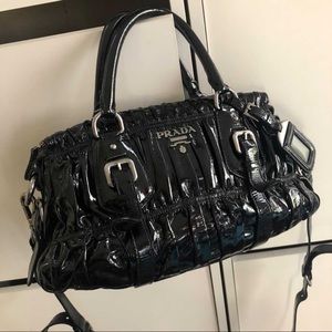 PRADA Patent Leather Guafre Ruched Moto Conv Bag